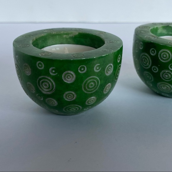 Soapstone Votive Candle Holders 2 Kelly Green Carved Round Etched swirled EUC - Picture 10 of 14
